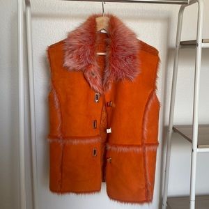 Lisa International Orange Faux Suede Sweater Vest w/ Faux Fur Collar Sz L